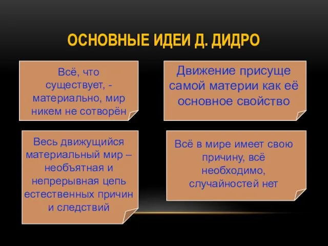 ОСНОВНЫЕ ИДЕИ Д. ДИДРО Всё, что существует, - материально, мир никем