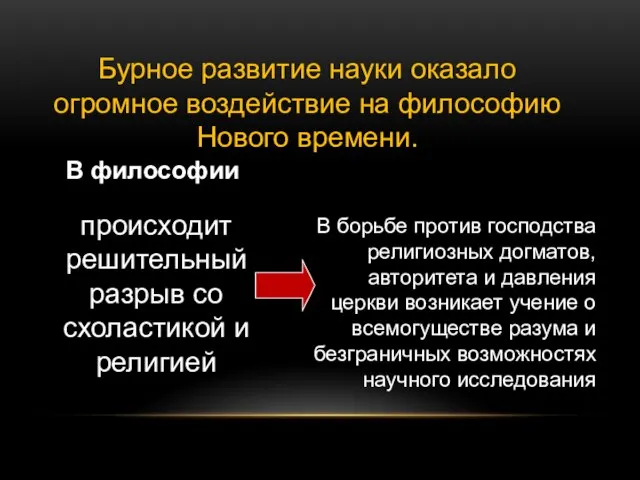 Бурное развитие науки оказало огромное воздействие на философию Нового времени. В