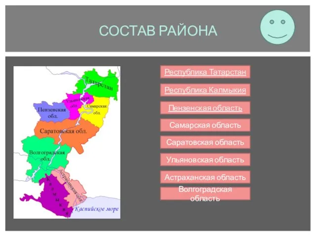 СОСТАВ РАЙОНА Республика Татарстан Республика Калмыкия Пензенская область Самарская область Саратовская