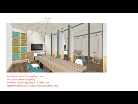 Additional views for meeting room. Less down exterior lighting. More on