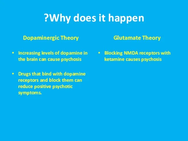 Why does it happen? Dopaminergic Theory Increasing levels of dopamine in