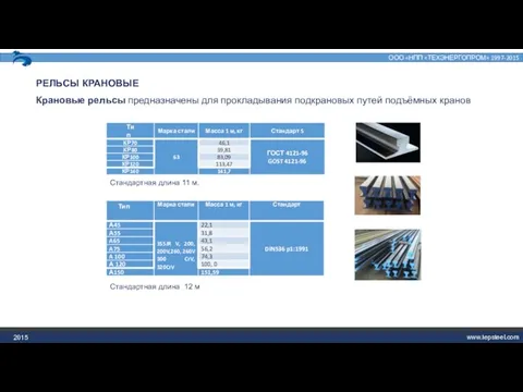 2015 РЕЛЬСЫ КРАНОВЫЕ Крановые рельсы предназначены для прокладывания подкрановых путей подъёмных