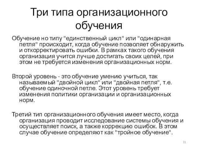 Три типа организационного обучения Обучение но типу "единственный цикл" или "одинарная