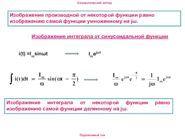 Изображение интеграла от синусоидальной функции Символический метод Переменный ток i(t) =Imsinωt