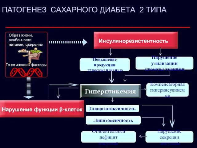 ПАТОГЕНЕЗ САХАРНОГО ДИАБЕТА 2 ТИПА Относительный дефицит инсулина Нарушение утилизации глюкозы