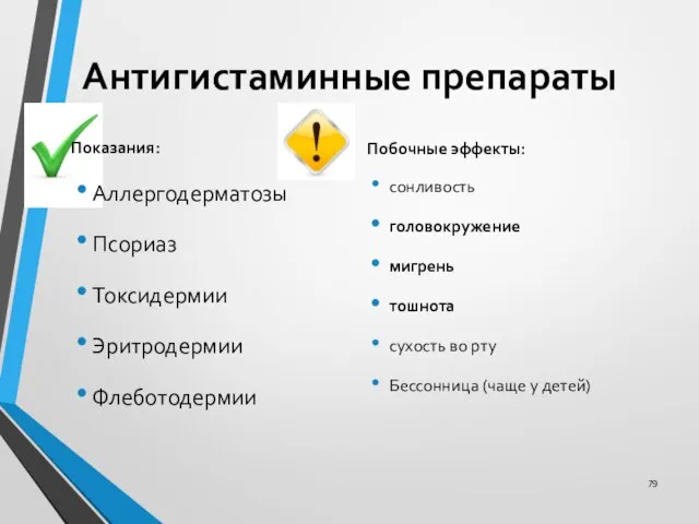 Антигистаминные препараты Показания: Аллергодерматозы Псориаз Токсидермии Эритродермии Флеботодермии Побочные эффекты: сонливость