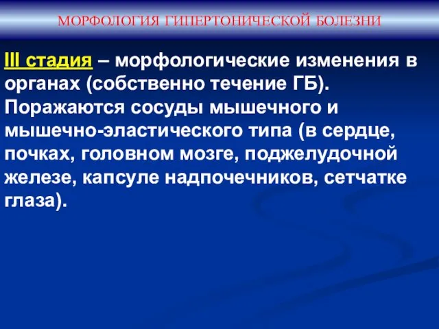 МОРФОЛОГИЯ ГИПЕРТОНИЧЕСКОЙ БОЛЕЗНИ III стадия – морфологические изменения в органах (собственно