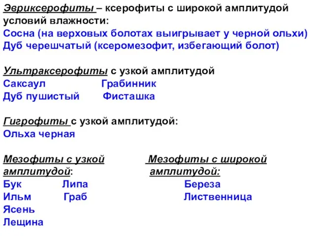 Эвриксерофиты – ксерофиты с широкой амплитудой условий влажности: Сосна (на верховых