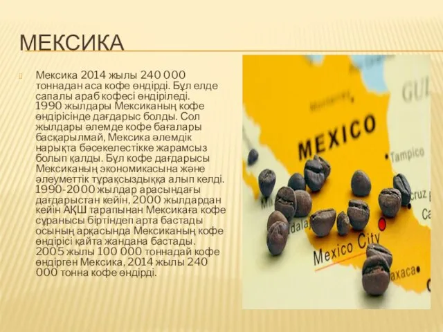 МЕКСИКА Мексика 2014 жылы 240 000 тоннадан аса кофе өндірді. Бұл