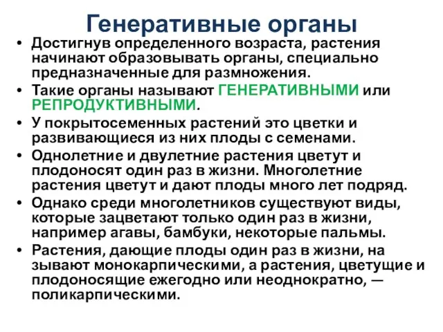 Генеративные органы Достигнув определенного возраста, растения начинают образовывать органы, специально предназначенные