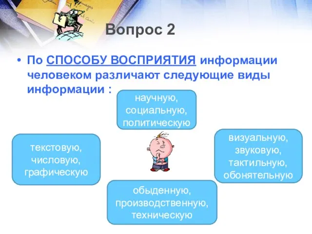 Вопрос 2 По СПОСОБУ ВОСПРИЯТИЯ информации человеком различают следующие виды информации