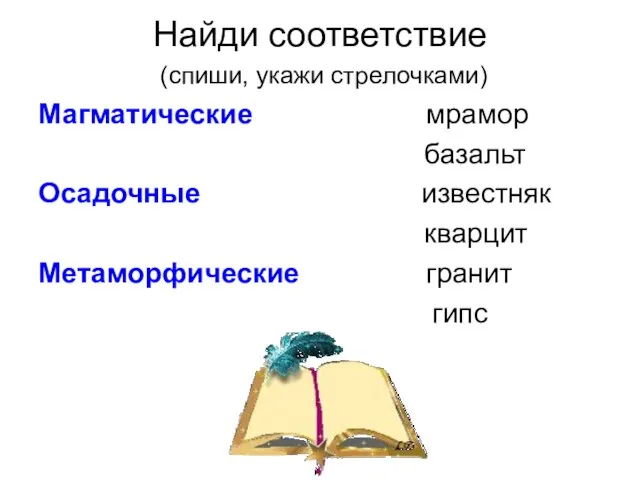 Найди соответствие (спиши, укажи стрелочками) Магматические мрамор базальт Осадочные известняк кварцит Метаморфические гранит гипс