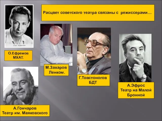 О.Ефремов МХАТ. Расцвет советского театра связаны с режиссерами… М.Захаров Ленком. Г.Товстоногов