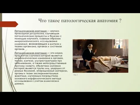 Что такое патологическая анатомия ? Патологическая анатомия — научно-прикладная дисциплина, изучающая