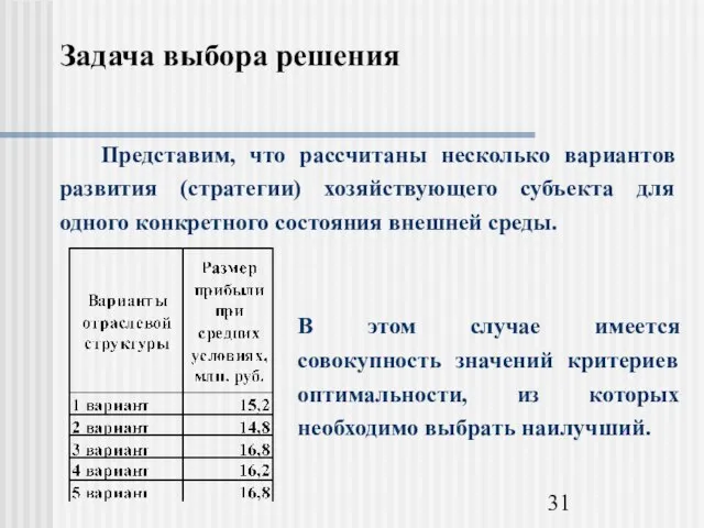 Задача выбора решения В этом случае имеется совокупность значений критериев оптимальности, из которых необходимо выбрать наилучший.