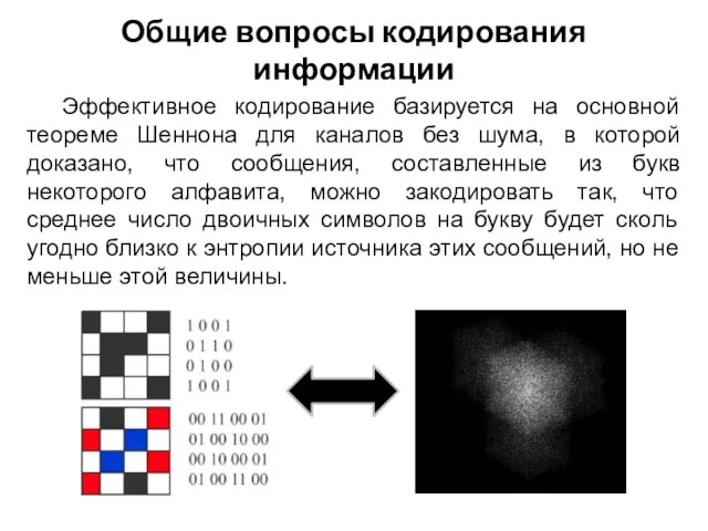 Эффективное кодирование базируется на основной теореме Шеннона для каналов без шума,