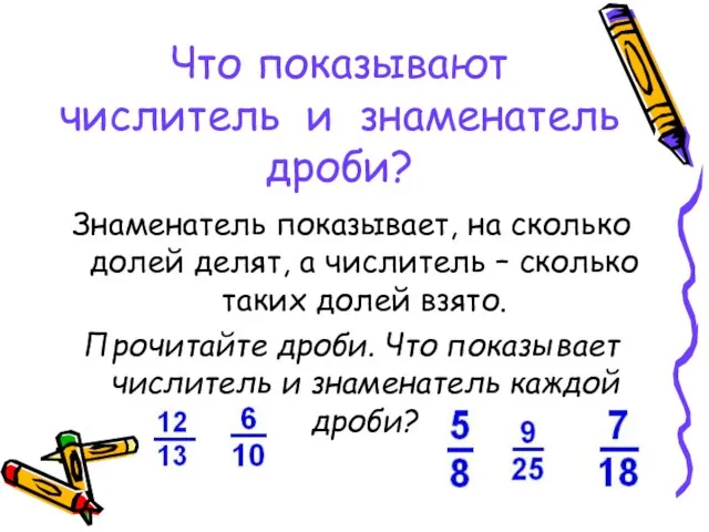 Что показывают числитель и знаменатель дроби? Знаменатель показывает, на сколько долей