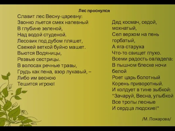 Лес проснулся Славит лес Весну-царевну: Звонко льется смех напевный В глубине