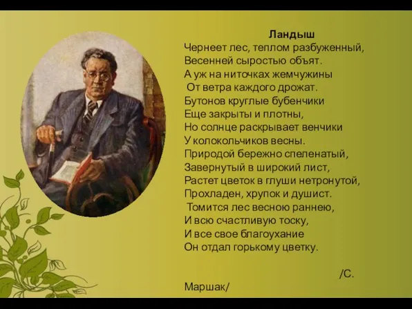 Ландыш Чернеет лес, теплом разбуженный, Весенней сыростью объят. А уж на