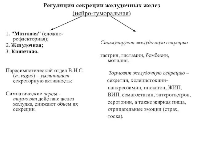 Регуляция секреции желудочных желез (нейро-гуморальная) 1. "Мозговая" (сложно-рефлекторная); 2. Желудочная; 3.