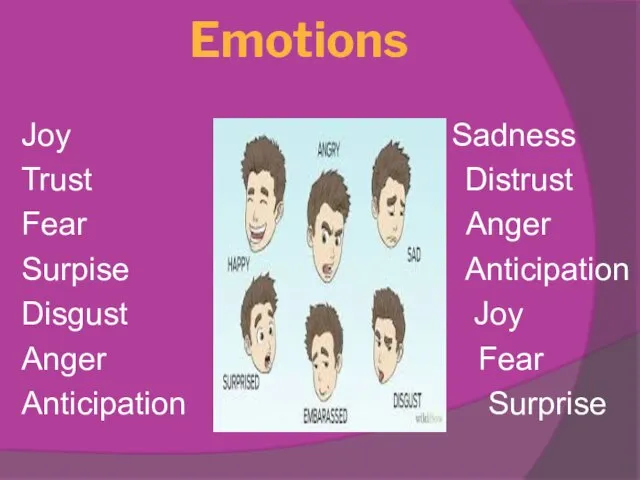 Emotions Joy Sadness Trust Distrust Fear Anger Surpise Anticipation Disgust Joy Anger Fear Anticipation Surprise