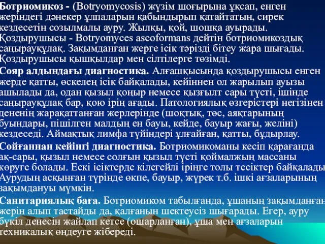 Ботриомикоз - (Botryomycosis) жүзiм шоғырына ұқсап, енген жерiндегi дәнекер ұлпаларын қабындырып