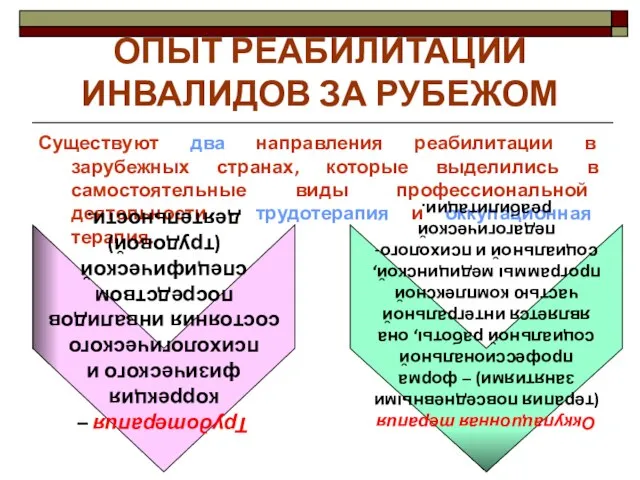 ОПЫТ РЕАБИЛИТАЦИИ ИНВАЛИДОВ ЗА РУБЕЖОМ Существуют два направления реабилитации в зарубежных