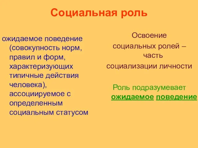 Социальная роль ожидаемое поведение (совокупность норм, правил и форм, характеризующих типичные