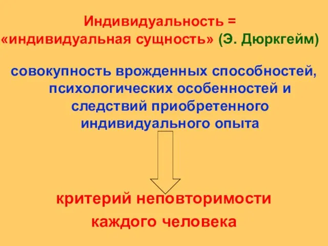 Индивидуальность = «индивидуальная сущность» (Э. Дюркгейм) совокупность врожденных способностей, психологических особенностей