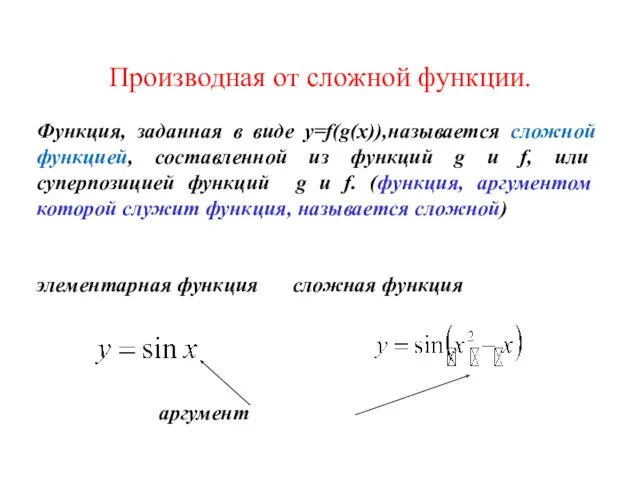 Производная от сложной функции. Функция, заданная в виде y=f(g(x)),называется сложной функцией,