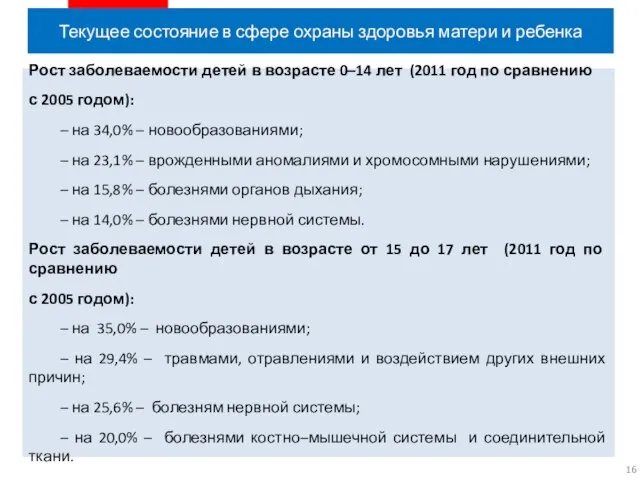 Текущее состояние в сфере охраны здоровья матери и ребенка Рост заболеваемости