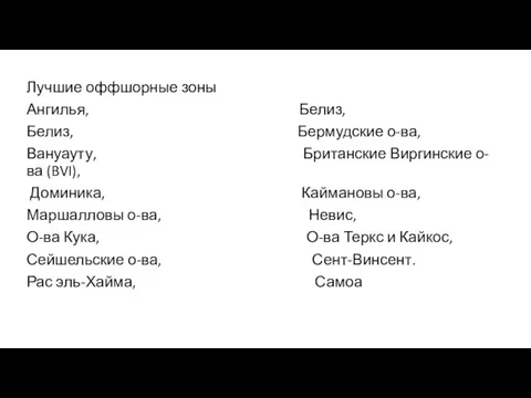 Лучшие оффшорные зоны Ангилья, Белиз, Белиз, Бермудские о-ва, Вануауту, Британские Виргинские