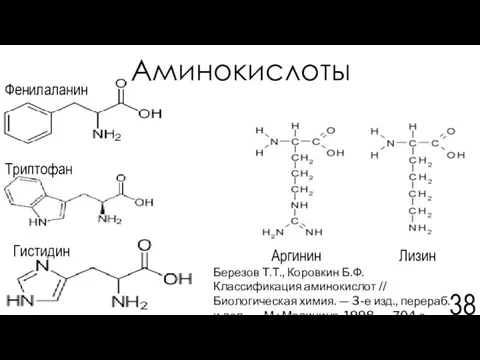 Аминокислоты Фенилаланин Лизин Аргинин Гистидин Триптофан Березов Т.Т., Коровкин Б.Ф. Классификация