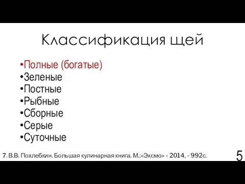 Классификация щей Полные (богатые) Зеленые Постные Рыбные Сборные Серые Суточные 7.