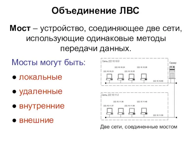 Объединение ЛВС Мосты могут быть: ● локальные ● удаленные ● внутренние ● внешние