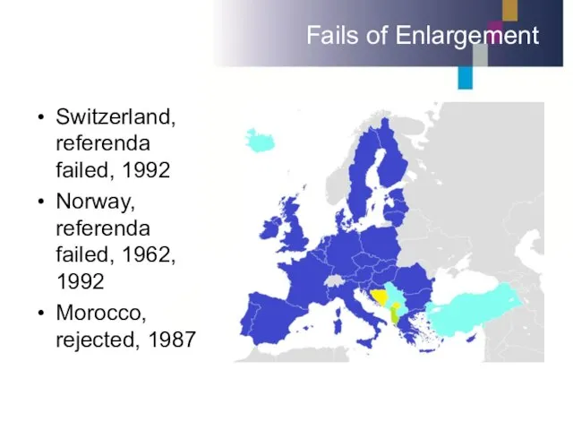 Fails of Enlargement Switzerland, referenda failed, 1992 Norway, referenda failed, 1962, 1992 Morocco, rejected, 1987