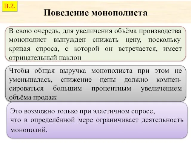 Поведение монополиста В свою очередь, для увеличения объёма производства монополист вынужден