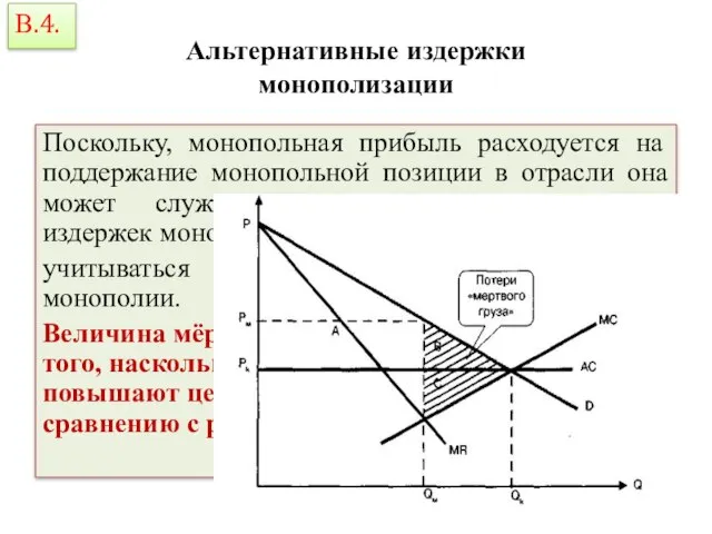 Альтернативные издержки монополизации Поскольку, монопольная прибыль расходуется на поддержание монопольной позиции