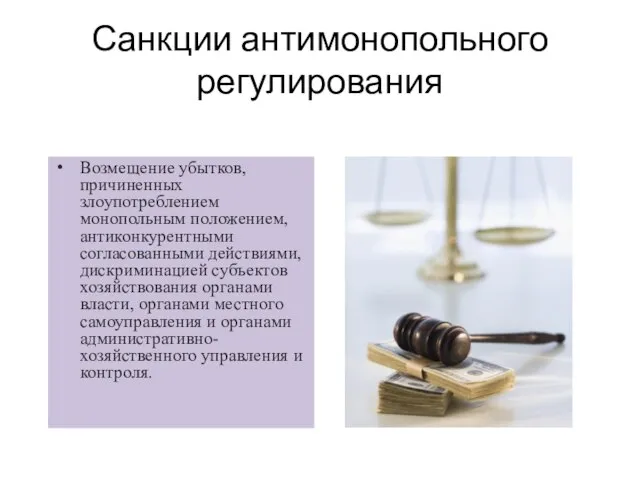 Санкции антимонопольного регулирования Возмещение убытков, причиненных злоупотреблением монопольным положением, антиконкурентными согласованными