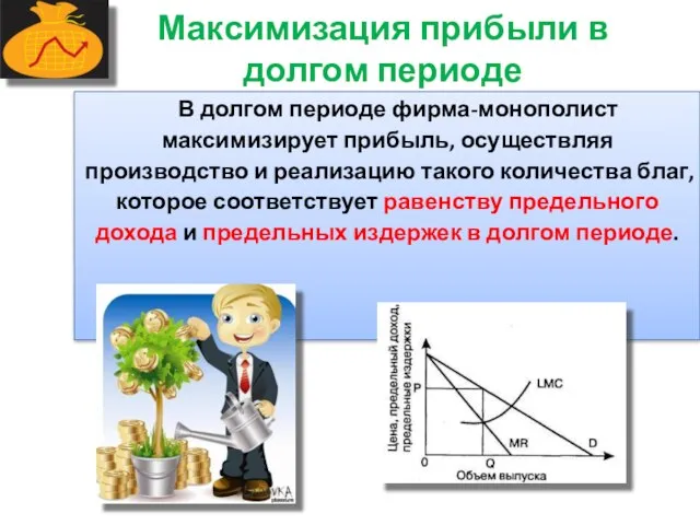 Максимизация прибыли в долгом периоде В долгом периоде фирма-монополист максимизирует прибыль,