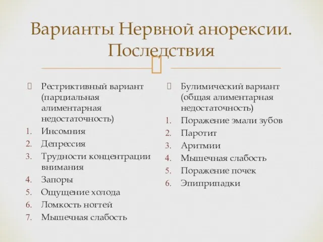 Варианты Нервной анорексии. Последствия Рестриктивный вариант (парциальная алиментарная недостаточность) Инсомния Депрессия