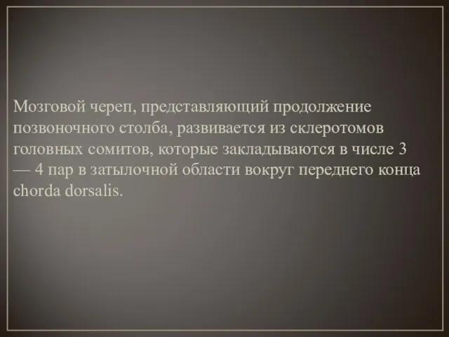 Мозговой череп, представляющий продолжение позвоночного столба, развивается из склеротомов головных сомитов,