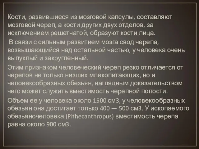 Кости, развившиеся из мозговой капсулы, составляют мозговой череп, а кости других