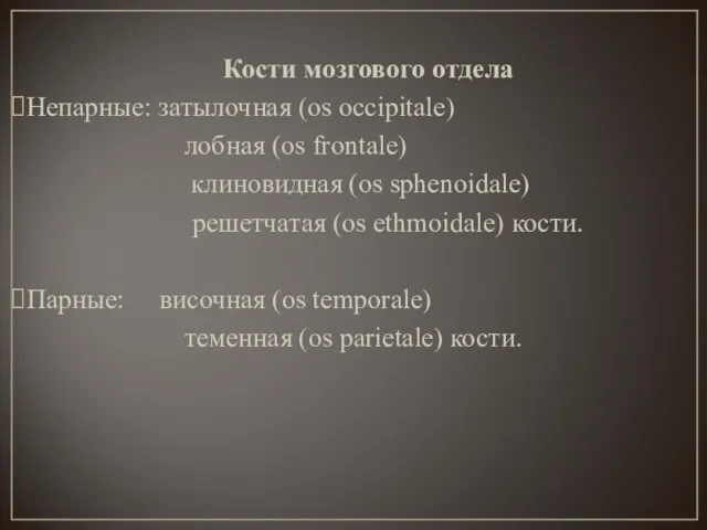 Кости мозгового отдела Непарные: затылочная (os occipitale) лобная (os frontale) клиновидная