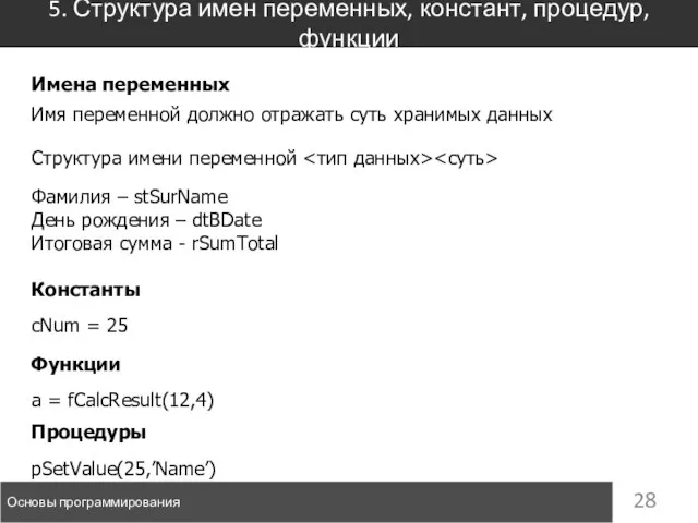 5. Структура имен переменных, констант, процедур, функции Основы программирования Имена переменных