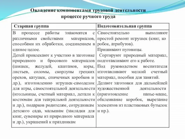 Овладение компонентами трудовой деятельности процессе ручного труда