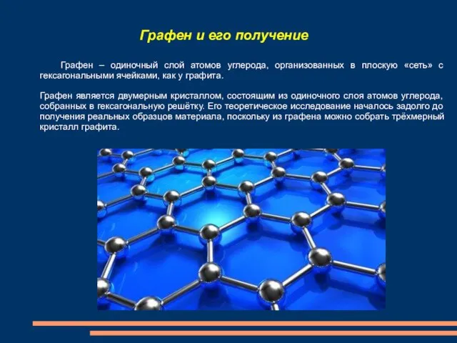 Графен – одиночный слой атомов углерода, организованных в плоскую «сеть» с