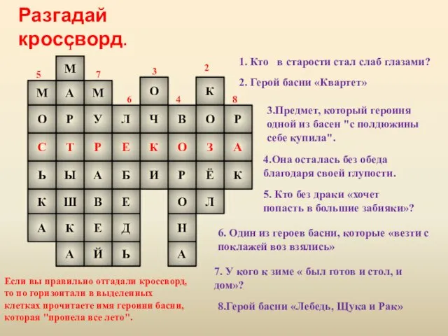 Разгадай кроссворд. М О С Ь К А А М Р