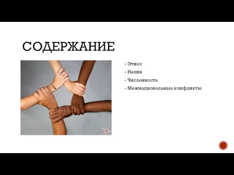 СОДЕРЖАНИЕ Этнос Нация Численность Межнациональные конфликты