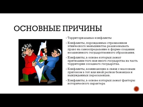 ОСНОВНЫЕ ПРИЧИНЫ Территориальные конфликты Конфликты, порожденные стремлением этнического меньшинства реализовывать право